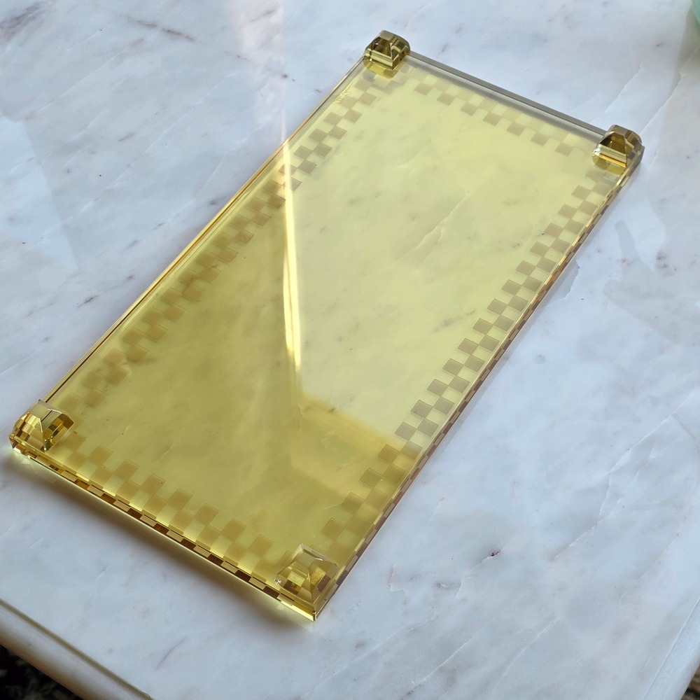 Oleg Cassini yellow glass crystal Vanity dresser Tray Checkerboard trivet Vtg